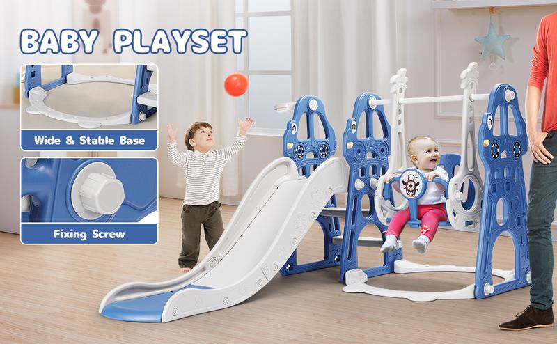 Rengue 4 in 1 Toddler Swing and Slide Set for Age 1-6 Indoor Playground for Children Baby Swing Set with Slide, Climber, Basketball Hoop and Long Slide for Boys and Girls Blue Rengue 4 in 1 Toddler Swing and Slide Set for Age 1-6 Indoor Playground for Children Baby Swing Set with Slide, Climber, Basketball Hoop and Long Slide for Boys and Girls Blue
