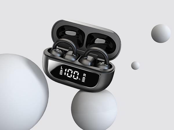 TOZO-OpenEarRing True Open Ear Headphones, Lightweight Comfort Open Ear Clip Wireless Earbuds, Bluetooth 5.3 Headphones with Smart Digital Display Design Fit Sports Cycling, Running, Workout Black FathersDayGift Audio Headset Electronic