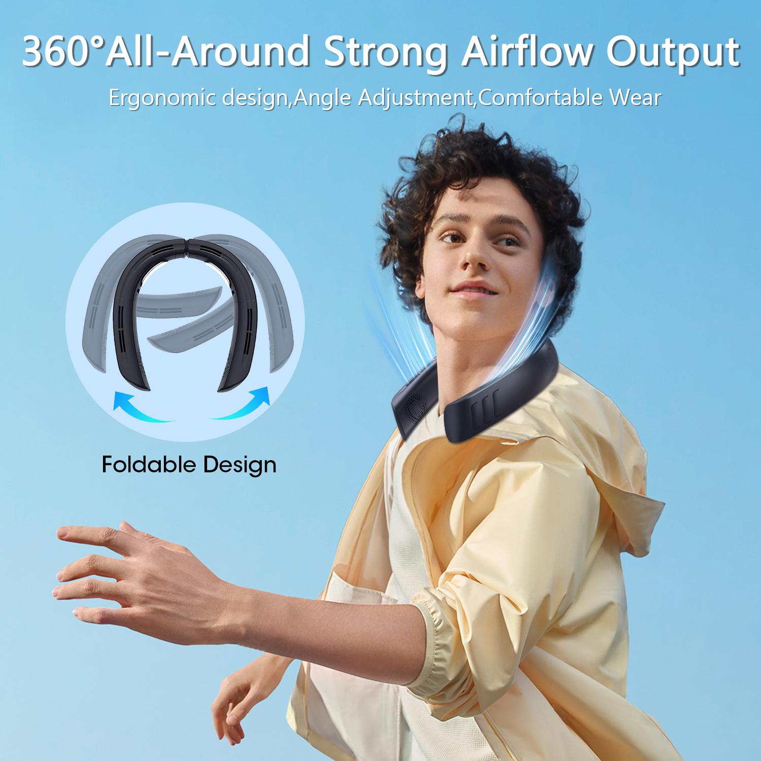 New D27 Portable Foldable Neck Fan, Hands-Free Leafless Personal Fan, Three-Speed Rechargeable USB Cooler, 360° Hanging Design, Office & Travel Use