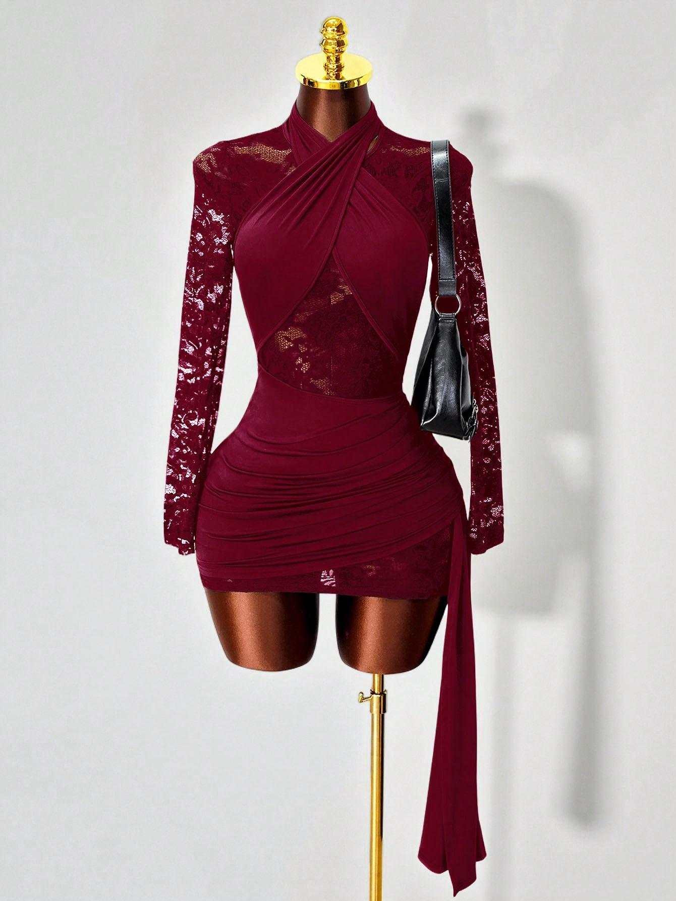 Women's Sexy Elegant Sheer Patchwork Lace Halter-Neck Long Sleeve Bodycon  Dress Womenswear Formal Wear for Dates, Stage, Party, Elegance - TikTok Shop