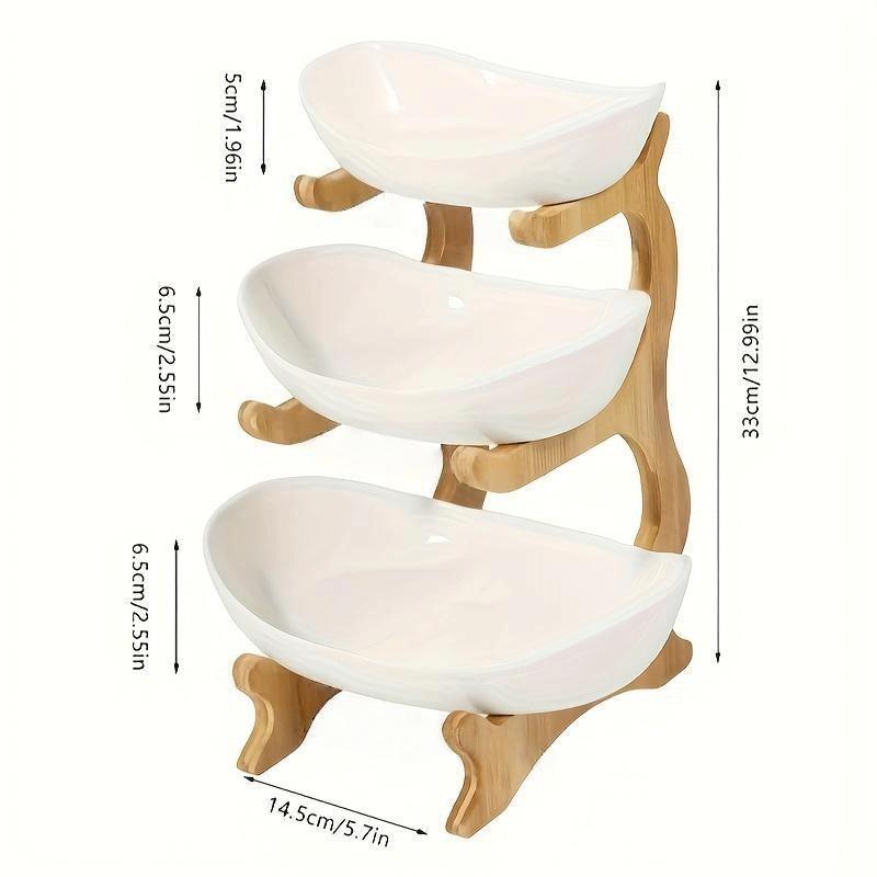 3-Tier Oval Fruit Basket with Bamboo Stand, Durable Polypropylene Kitchen Storage Rack, Natural Bamboo Finish, Modern Fruit Basket for Kitchen and Party