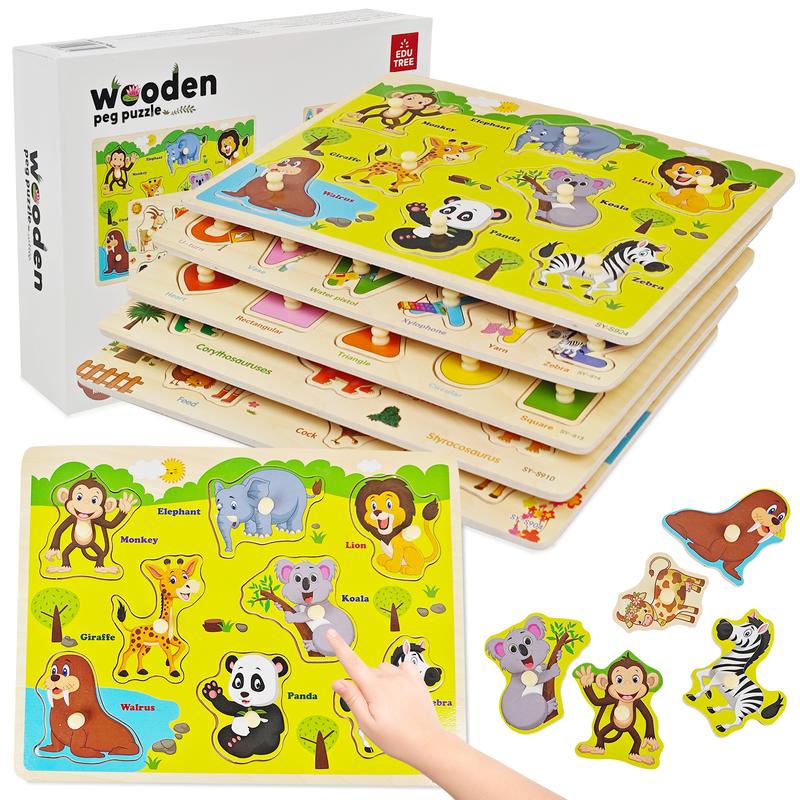edutree 5pcs Wooden Peg Puzzles for Toddlers 1 2 3 4, 6 Pack Educational Peg Puzzles Montessori Toys, Learning Puzzles for Kids Girs Boys with Alphabet Number Animal Vehicle Shape, Halloween gift