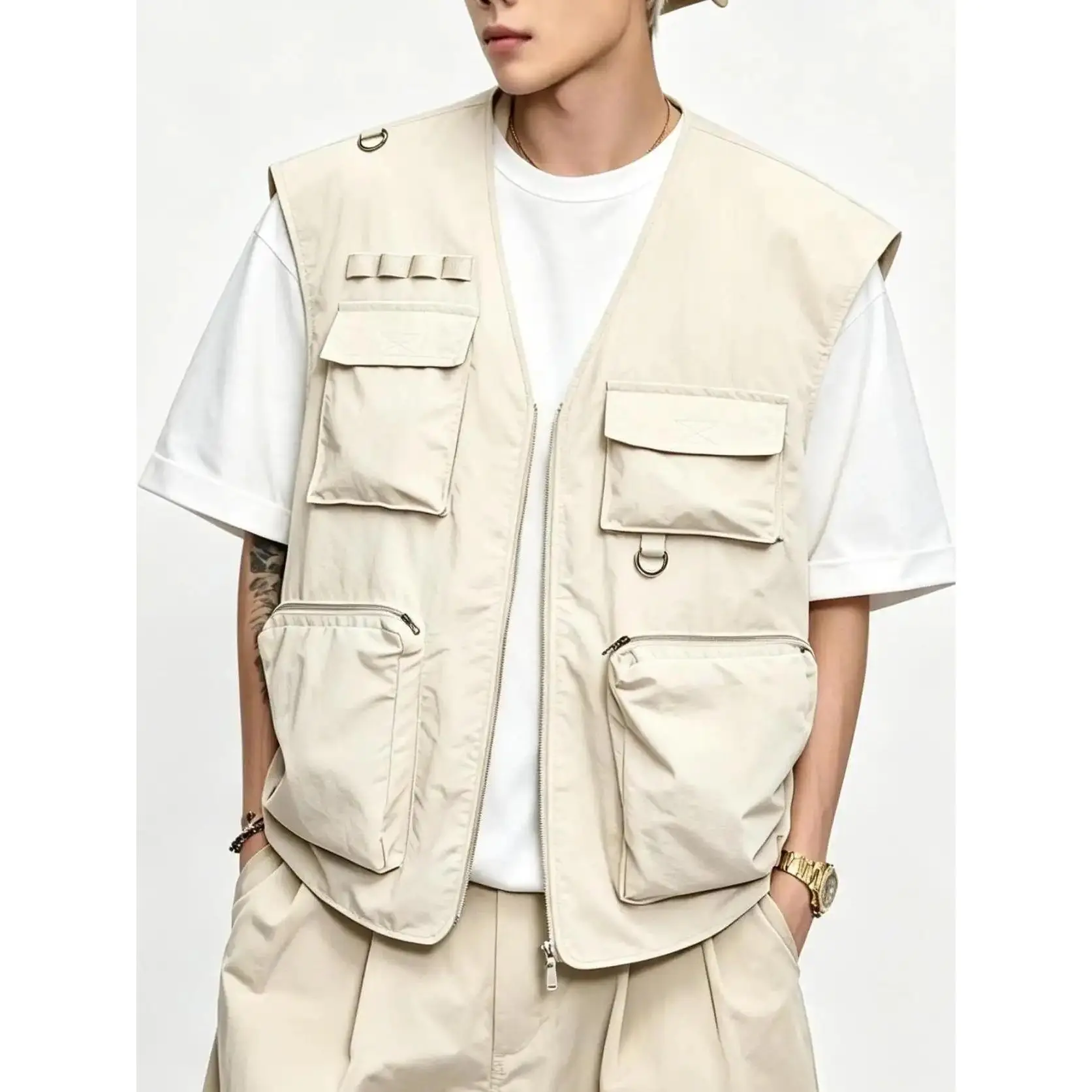 Men's Lightweight Tactical Waistcoat - Casual Polyester Slim-Fit Sleeveless Outerwear with Multi-Pockets, Zip-Up Closure for Outdoor, Streetwear Menswear Tops