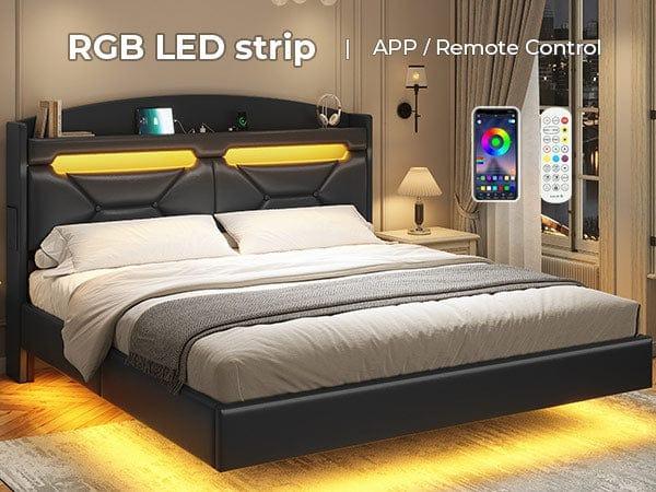 Sikaic RGB LED Floating Platform Bed Frame with Type-C Charging Station & Storage Headboard No Box Spring Needed PU Black Furniture Home
