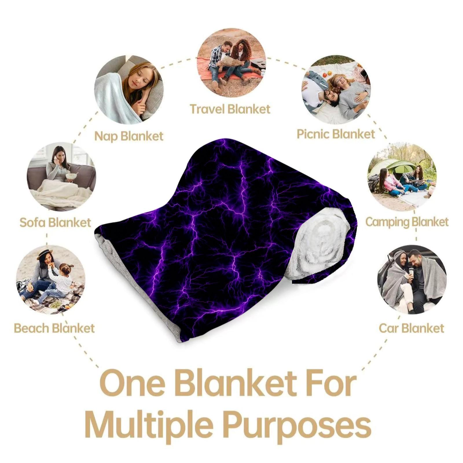 Purple Lightning Flannel Blanket, Single-Side Printed, Cool & Trendy Neon Style, Soft & Skin-Friendly, Multi-Use Throw for Sofa, Bed, Camping & Travel, All-Season, Perfect Gift Option