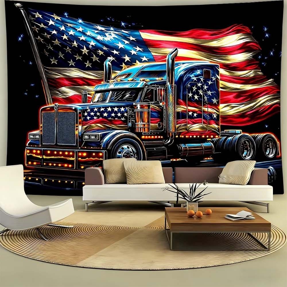 1PC Independence Day themed tapestry wall decoration for living room or bedroom featuring American flag and truck design enhances atmosphere during gatherings and celebrations suitable for creating a patriotic home ambiance perfect for daily enjoyment and