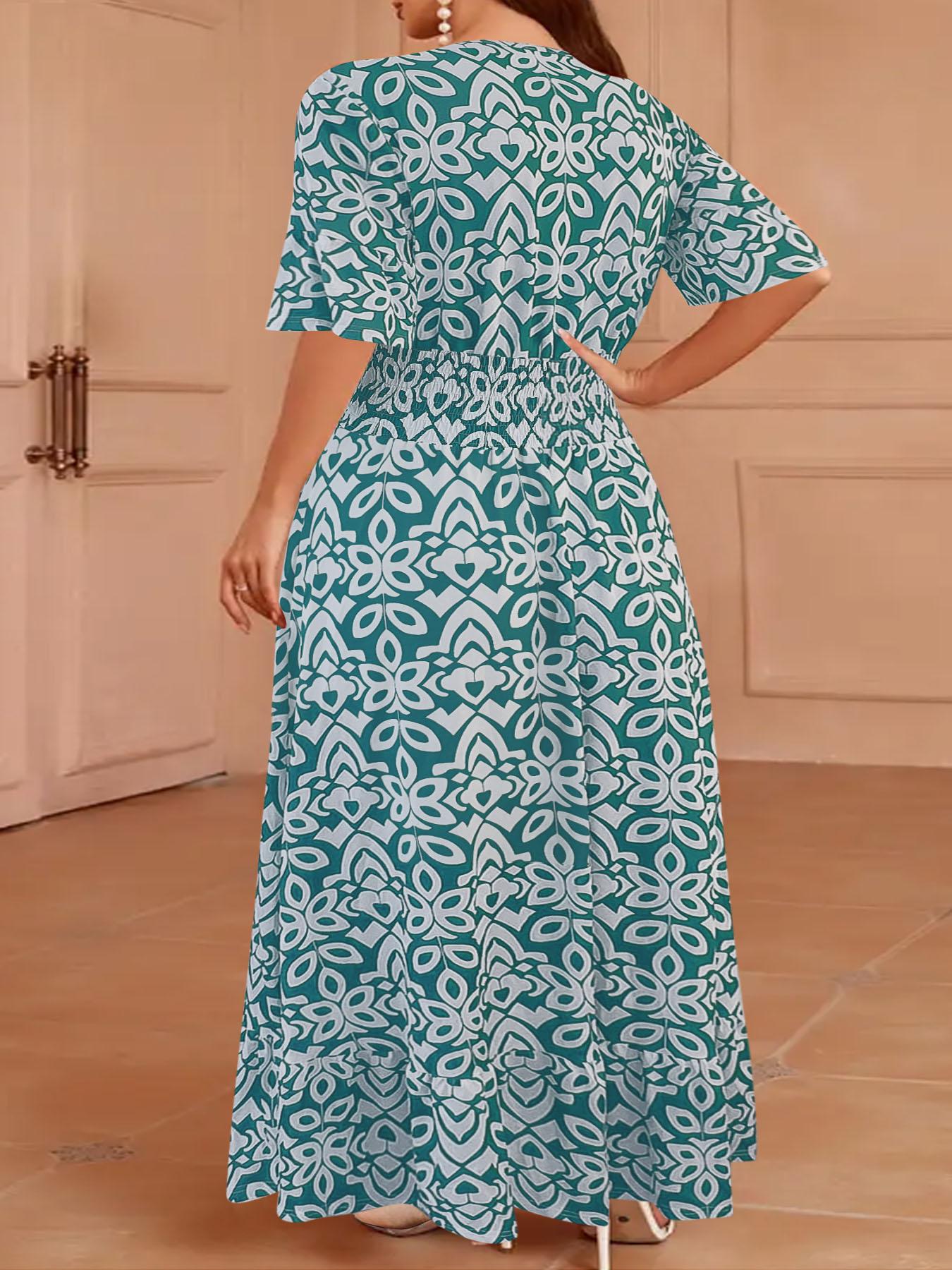 Plus Size Vintage Totem Print Dress, Half Sleeve Design, Curvy Slimming Vacation Dress