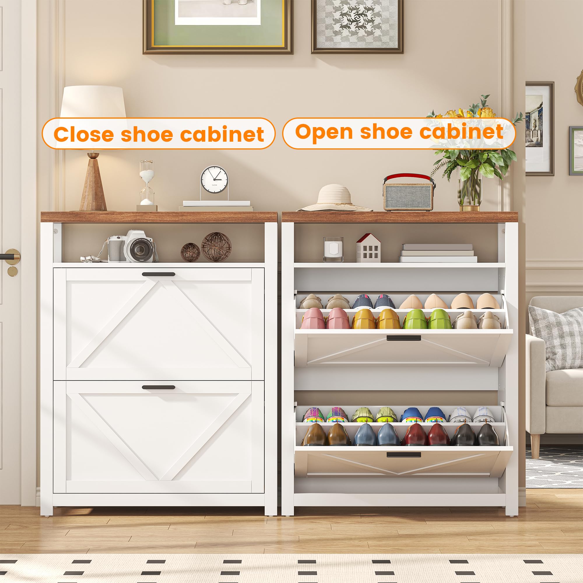 4 Tires Farmhouse Shoe Organizer with Open Storage Shelf & Barn Door, Shoe Storage Cabinet with 2 Flip Drawers, Adjustable or Removable Freestanding Hidden Narrow Shoe Rack for Foyer