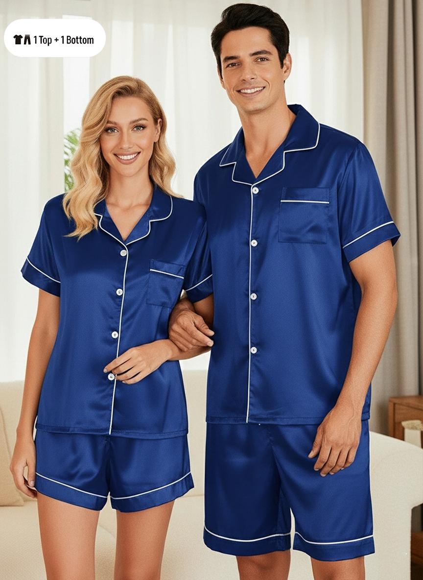 Couple Sleepwear Set, Short Sleeve Shorts, Pure Color, Comfortable Lounge Wear, Summer Ice Silk Two-Piece Set, Men's and Women's Open Front