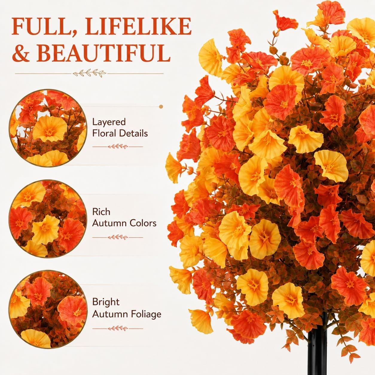 1 Pack Fall Artificial Morning Glory Topiary Balls with Ground Stakes, UV Resistant Waterproof Fade-Proof, Autumn Halloween Thanksgiving Decor for Porch Planters Garden Pathway Fence Outdoor Decor, Artificial Flower Ball