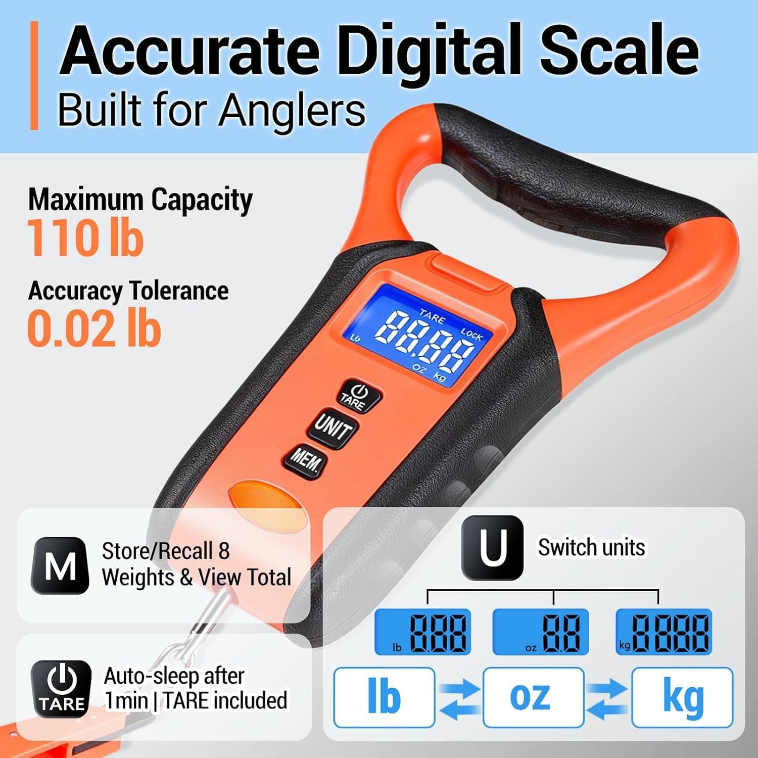 Fish Scale Floating  Digital Fishing Scale with Lip Grip, Replaceable Hook, LCD Display, 110lb Capacity, Auto Hold, Multiple Units(LB/OZ/KG), Included Measuring Tape - Ideal for Anglers