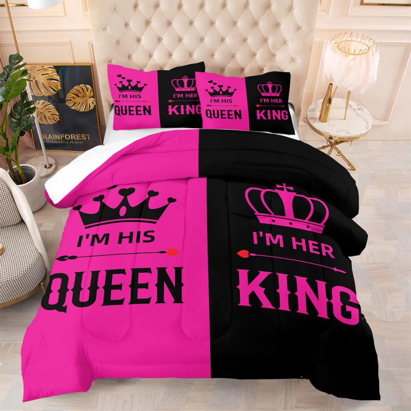 Romantic Valentine's Day “King Queen” Wedding Comforter Set,1 Comforter & 1-2 Pillowcases,Red Black Color blocking,Couples Gifts Engagement Newlyweds Gifts for His and Hers Gifts Exclusive for Couples