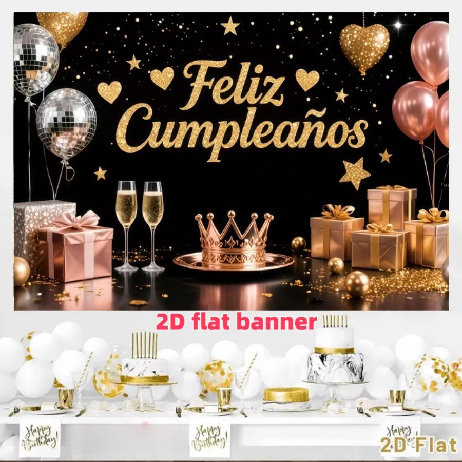 Birthday Party Background Banner, Polyester Material, Stars, Hearts, Crowns, Champagne Glasses, Home Decor, Indoor/outdoor Parties