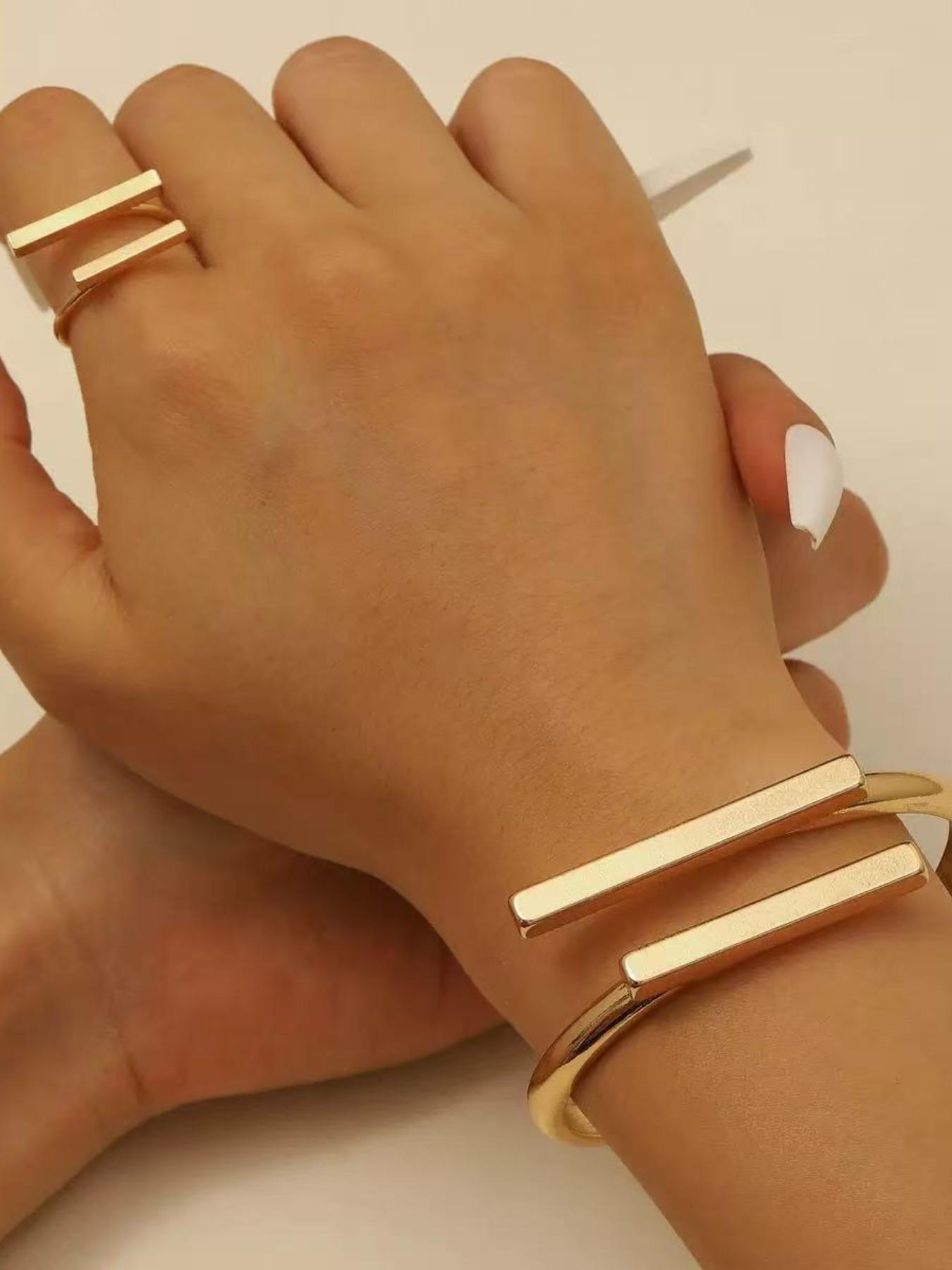 Minimalist Geometric Linear Gold-Plated Bracelet & Ring Set, Luxe Versatile Jewelry for Daily Commute & Date Nights