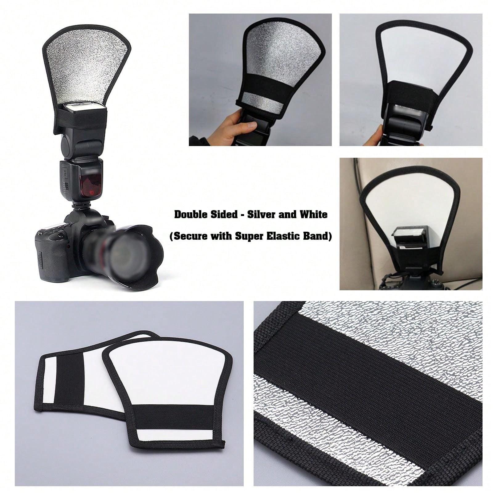 2-In-1 Silver Color & Flash Diffuser Reflector, Elastic Band Bendable, Universal Fit for Standard Camera Flashes, Photography Accessory