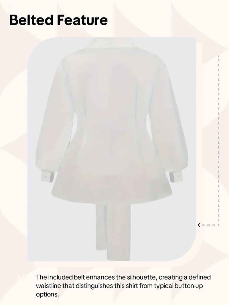 【Plus Size】 Solid Belted Button Front Shirt Blouse, Elegant Bishop Sleeve Collared Top for Women, Women's Clothing for Fall & Winter, Womenswear