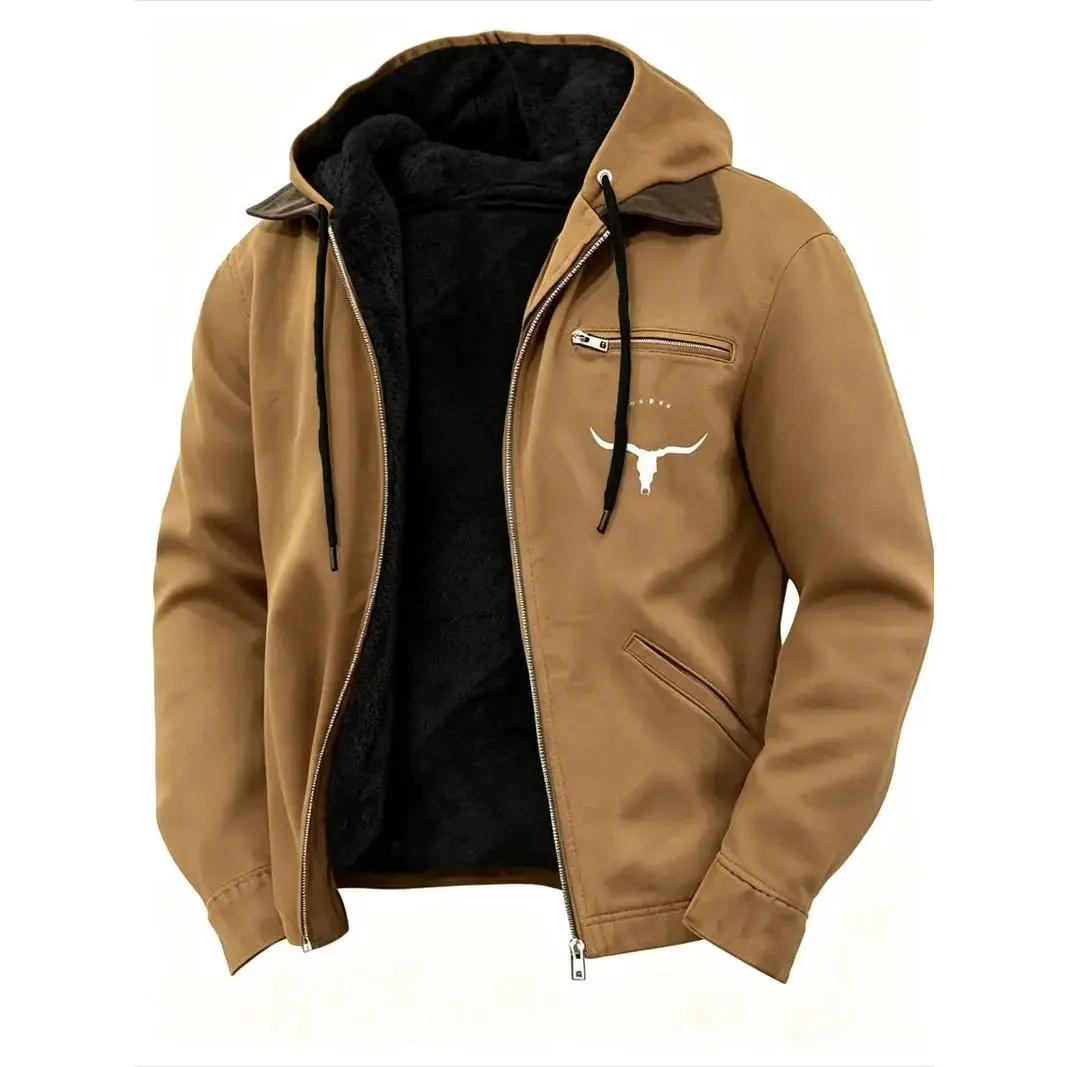 Men's Retro Vintage Menswear Hooded Trucker Jacket - Brown Canvas, Fleece Lined, Western Longhorn Skull Graphic, Zip Up, Casual Outdoor Winter Warm Tops Work Coat
