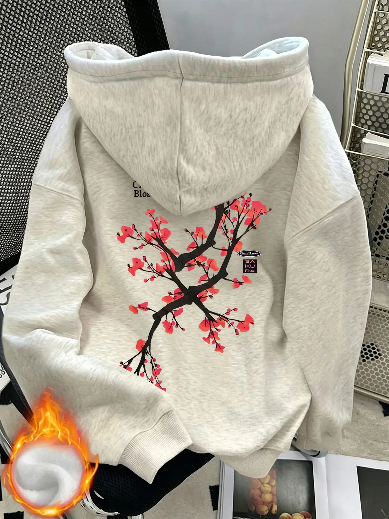 Unisex Multi-Color Back Cherry Blossom Branch Print Fleece Lined Hoodie Japanese Casual Oversized Warm Sweatshirt