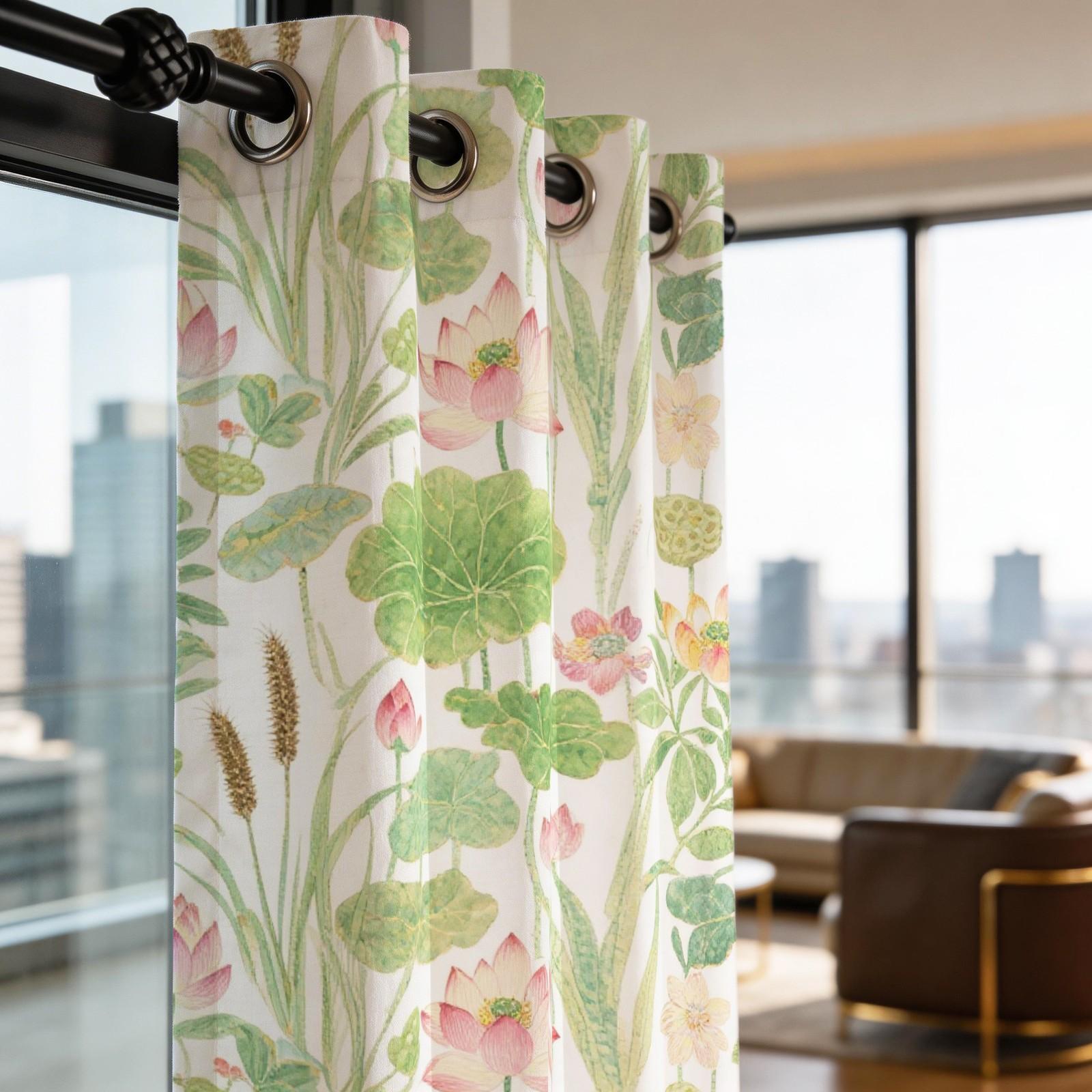 Watercolor Lotus Pond Curtains 2 Panels, HD Digital Printed Curtains, 80%-90% Light Blocking Darkening Curtains, Easy to Install Decorative Curtains for Living Room Bedroom Home Decor