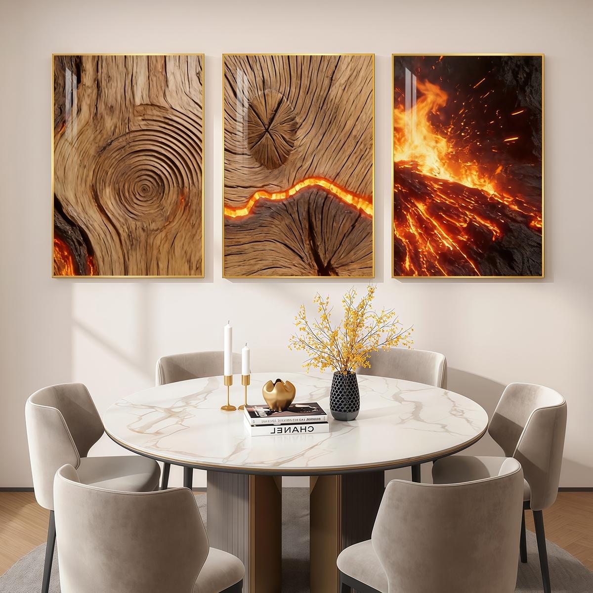 3 Counts Aluminum Alloy Framed Painting, Burning Wood Texture And Flowing Lava Art Pictures, Home Decoration For Living Room, Bedroom, Office, Restaurant, Hallway Wall Decor, Odorless Print Artwork, Luxury Perfect Gift For Friends And Family