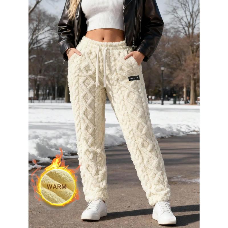 Women's Basic Loose-Fit Baggy Fleece Sports Joggers - Thick Warm Plush Jacquard Poly-Nylon Knit, Slogan Print Pants for Women, Suitable for Daily Home & Outdoor Wear