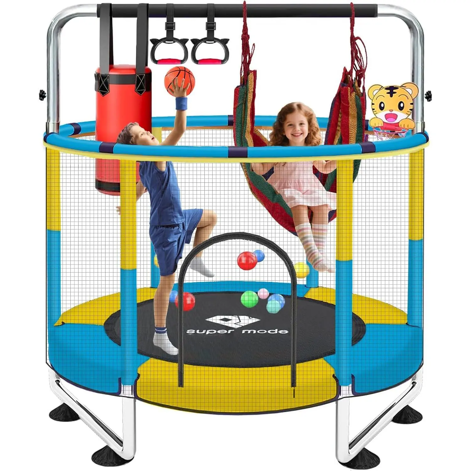55'' Indoor & Outdoor Trampoline with Net for Kids | Toddler Trampoline with Adjustable Gymnastics Bar & Toys, No-Gap Safety Design for Boys & Girls