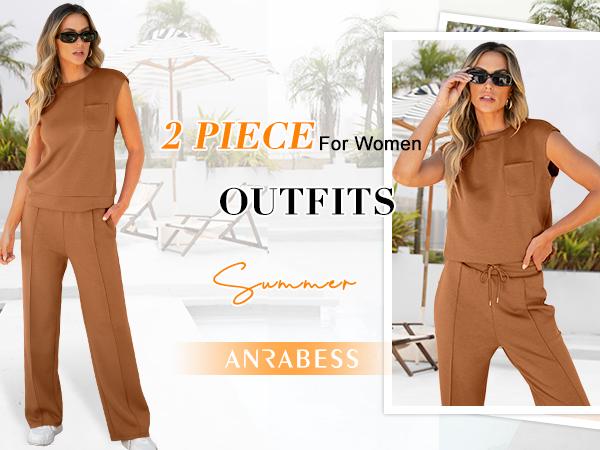 ANRABESS Women's Summer 2 Piece Outfits Casual Sleeveless Sweatsuits Matching Wide Leg Tracksuits Lounge Sets Women Basic Vacation Outdoor Outfit Sets  Womenswear