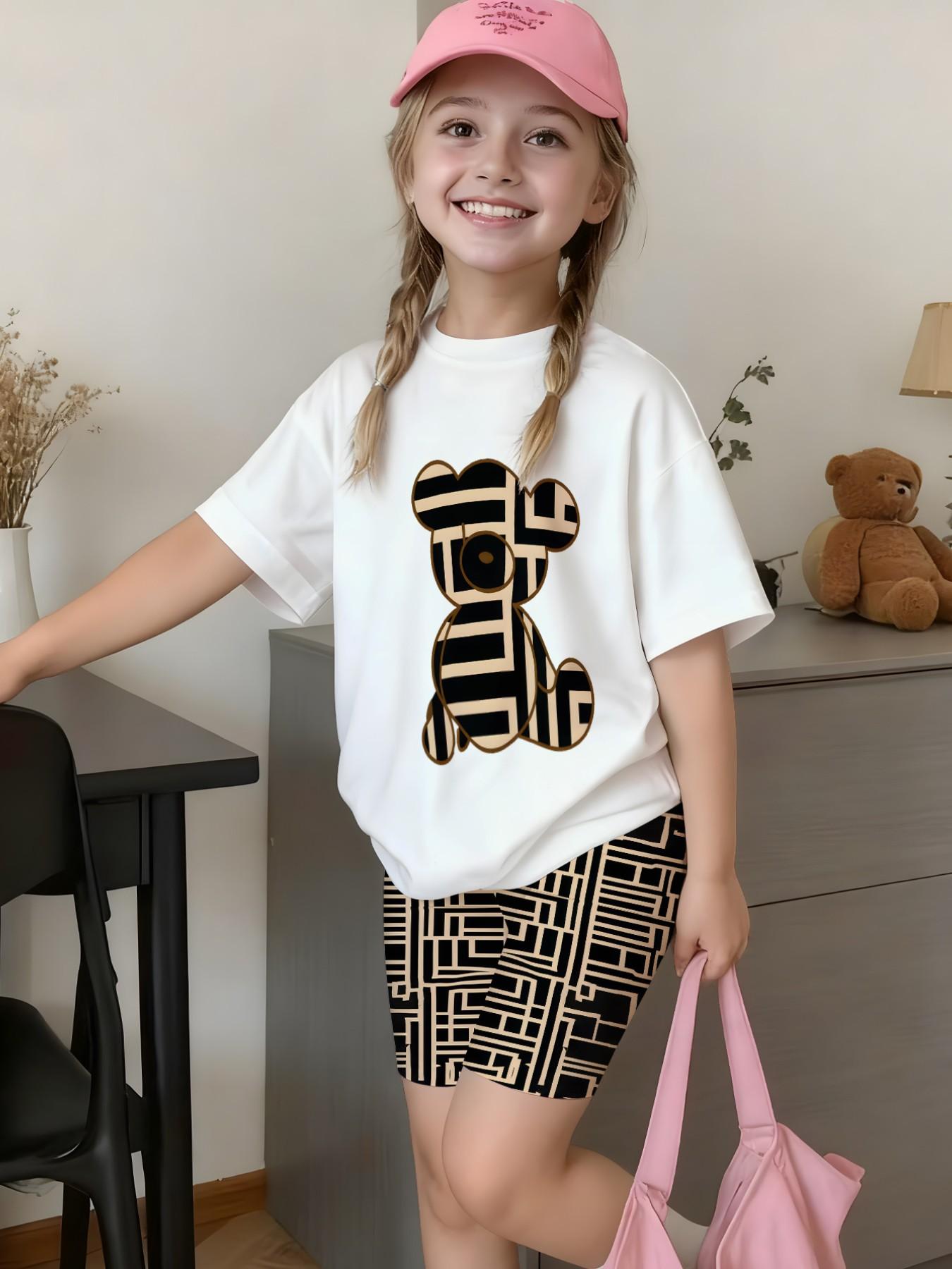 Girls Geometric Stripe Bear Print Short Sleeve Set Summer Trendy Kids Casual Biker Shorts 2Pcs