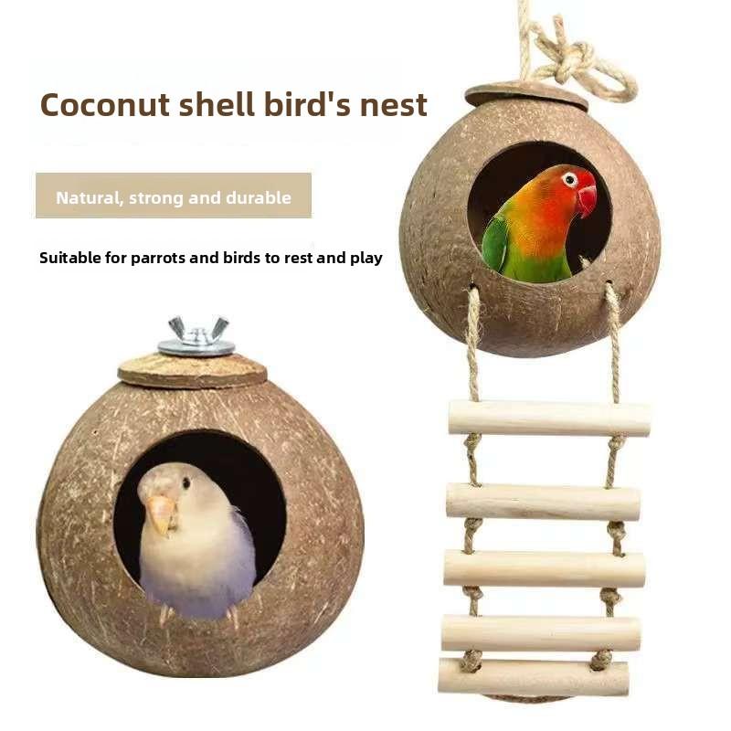 Coconut Shell Grass Woven Bird Nest for Parakeet Parrot Lovebird Finch Breeding Outdoor Natural Material Pet Nest Supplies