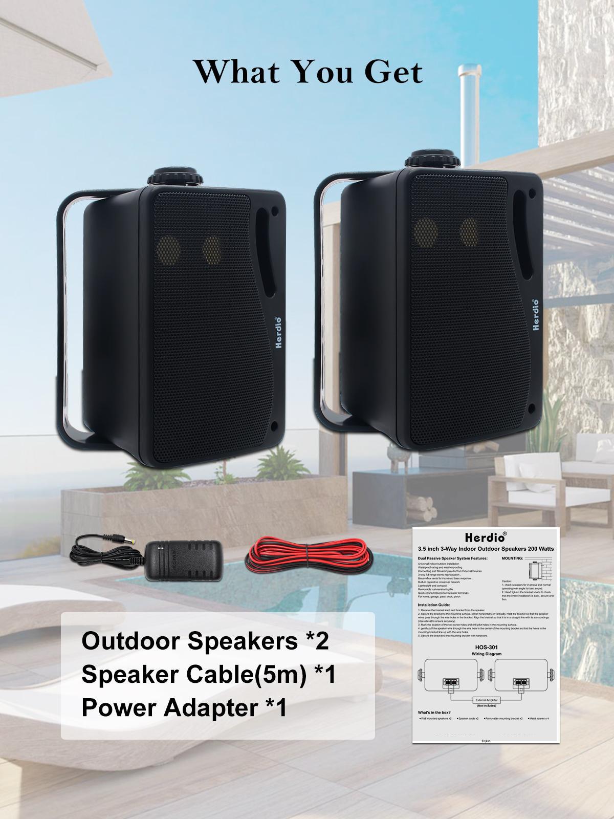 Herdio 3.5-inch Outdoor Bluetooth Speakers, Unpowered Wired Waterproof, 200 Watts, Built-in Amplifier. (Black/White Pair)