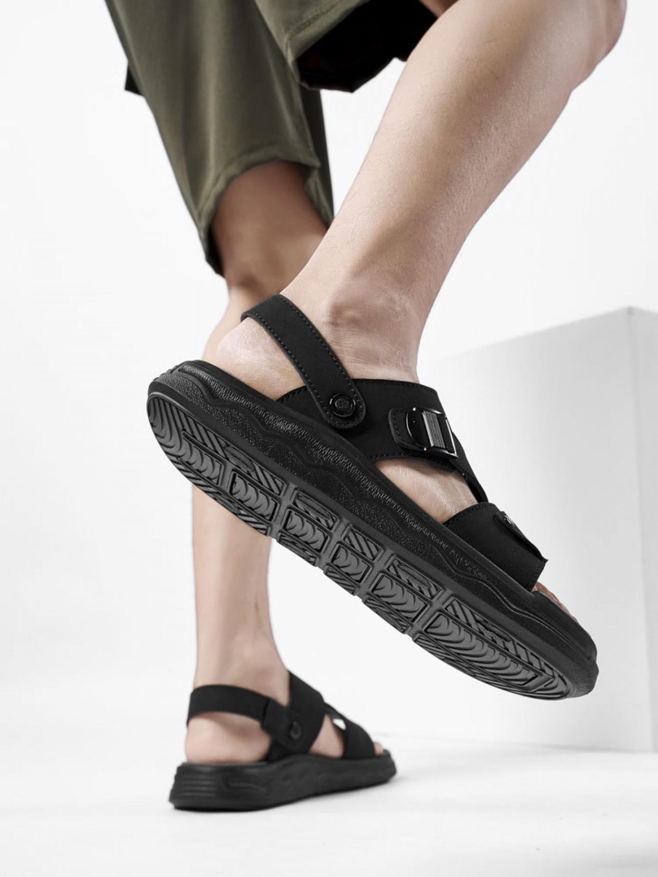 Men's Solid Color Dual-Wear Velcro Sandals Thick-Soled Breathable Beach Shoes Non-Slip Wear-Resistant Outdoor Water-Slippers