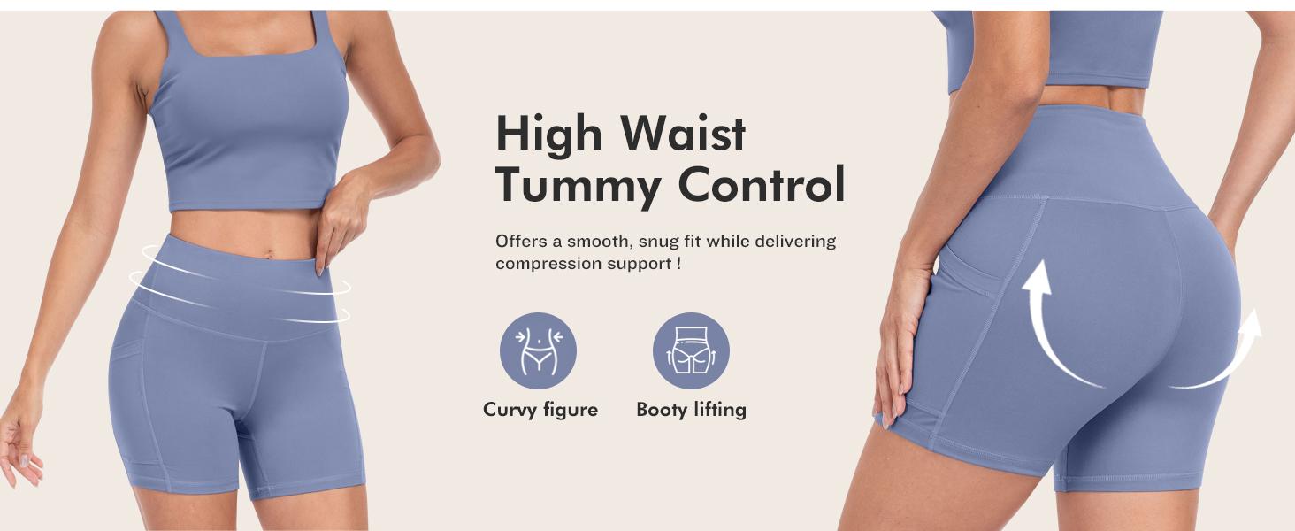 6 Packs Womens Biker Shorts with Pocket, 5 Inch High Waisted Tummy Control Spandex Yoga Workout Shorts