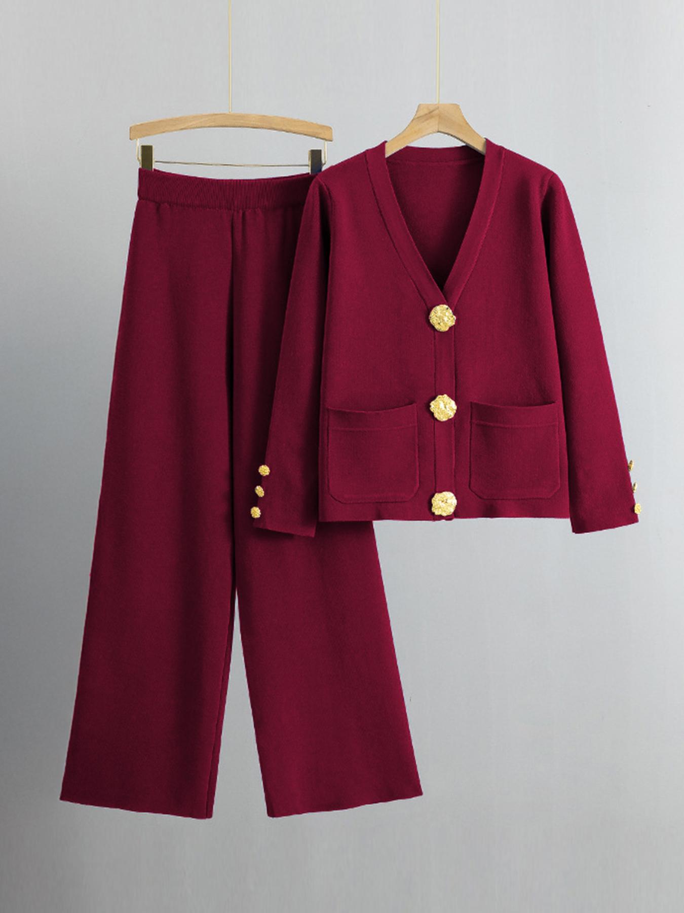 Women's Versatile V-Neck Gold-Toned Button Side Pocket Cardigan & High Waist Wide Leg Trousers Co-ord