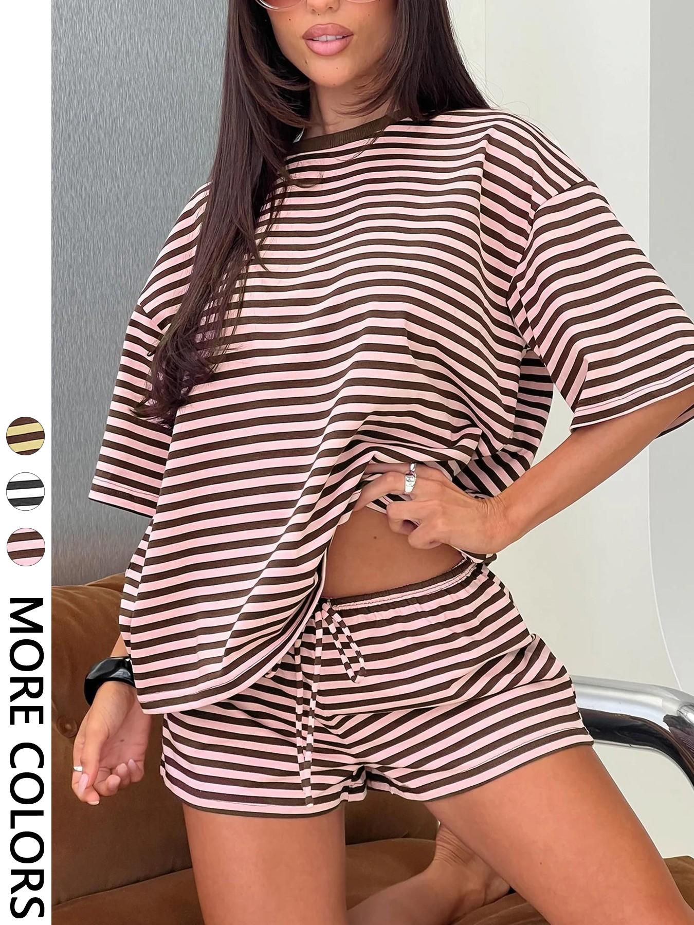 2 Spring Summer Striped Print 2 Piece Outfit Women Womenswear Clothes | Oversized T-Shirt + Drawstring Shorts | Soft Casual Lounge Set | Y2K Clean Girl Style for Daily Home Vacation Wear