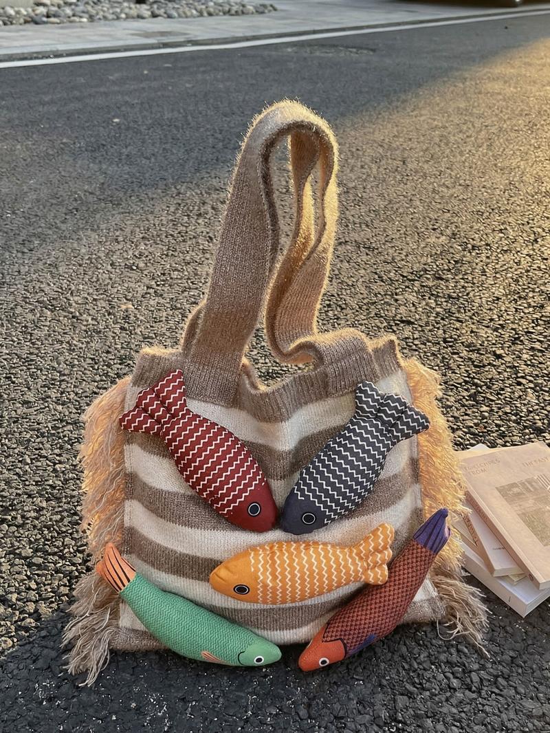 Stylish Rainbow Color Women's Knitted Bag with Colorful Fish Pattern, Versatile Shoulder Bag for Work, Shopping, Outings and Daily Use