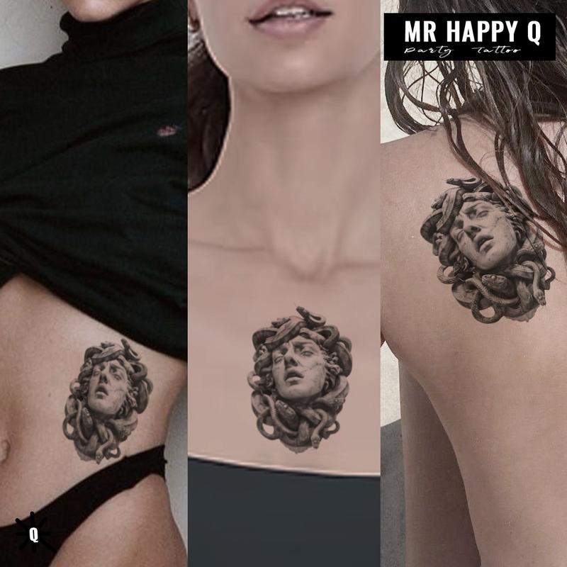 Temporary Tattoo Sticker Greek Mythology Theme Medusa Snake Hair Design Gothic Art Magic Tattoo Realistic Skin Waterproof Neck Arm Unisex Party Decoration