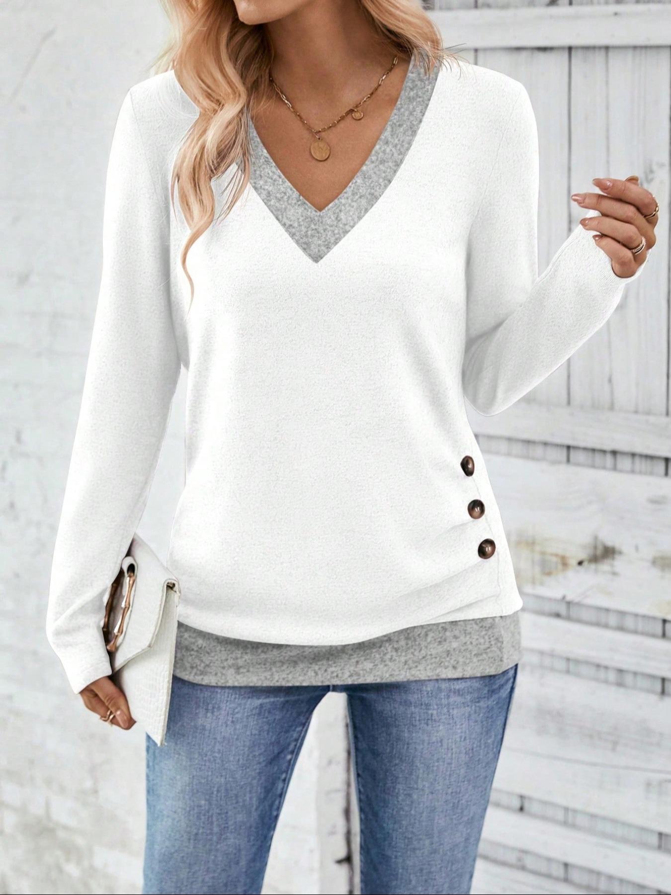 Women's V Neck Colorblock Long Sleeve Shirt Vibrant Design Autumn Winter Casual Outerwear Color Contrast Style Comfortable Woven Fabric