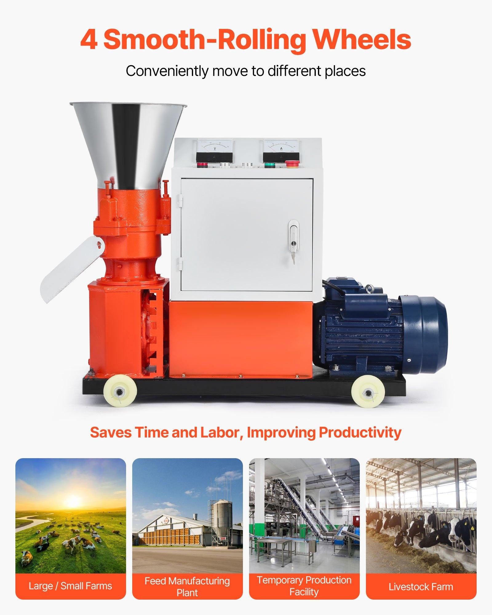 VEVOR Feed Pellet Mill Machine, 4 mm Animal Feed Pellet Making Machine, 3KW 240V Animal Food Granulator Mill Machines with 3 Pressure Rollers 4 Wheels, Ideal for Poultry, Livestock, Farm Animals