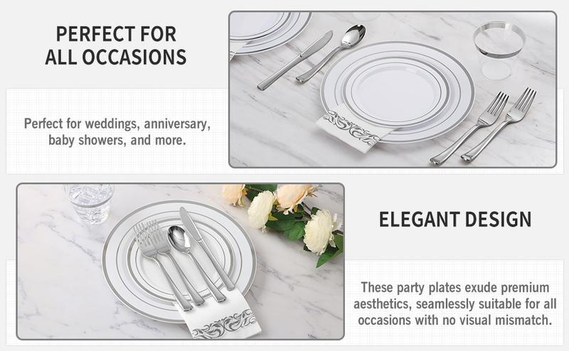 Goodluck 350PCS Silver Plastic Dinnerware Set for 50 Guests Includes 50 Dinner Plates 50 Dessert Plates 50 PreRolled Napkins with Silverware 50 Cups Perfect for Weddings Parties Baby Showers Christmas Disposable