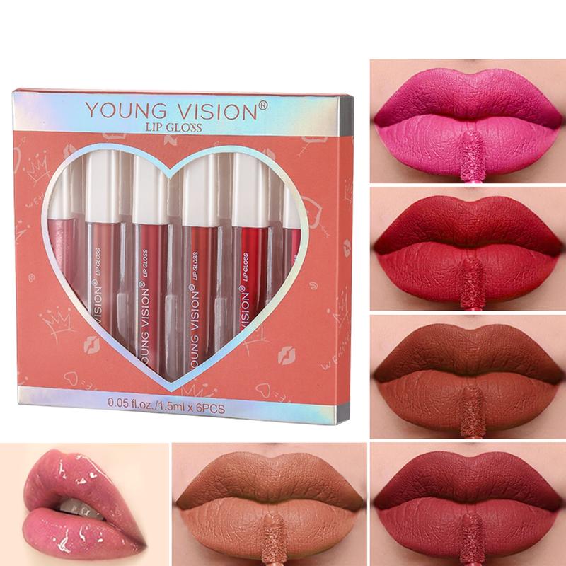 6 Color Lip Gloss Set, Mirror Finish Lip Gloss + Matte Velvet Lip Stain, Long-Lasting & Hydrating Makeup Kit for Women
