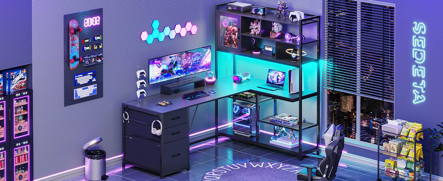 SEDETA L-Shape 58-Inch Desk with Drawers and with Storage Shelves and LED Lights for Home Office and Gaming, Furniture Ergonomic Tables Cabinets
