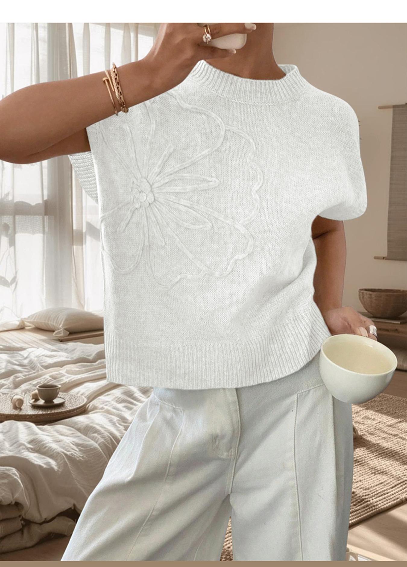 Women's Plain Flower Jacquard Semi-sheer Cable Knit Top, Casual Sleeveless V Neck Knitwear for Daily Wear, Ladies Clothes for All Seasons