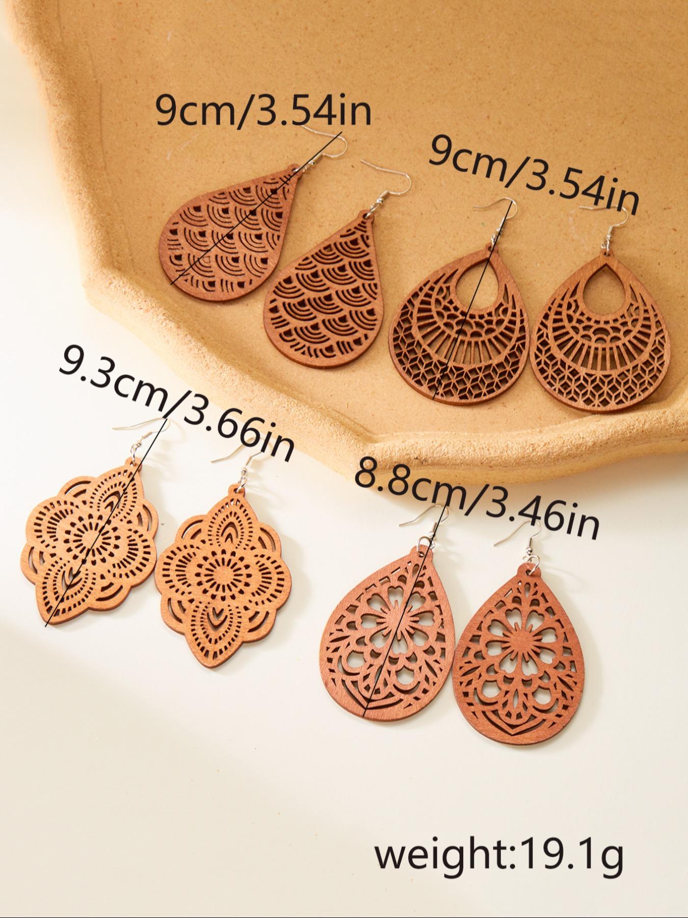 4 Pair Boho Hollow out Design Wooden Dangle Earrings, Vintage Style Water Drop Ear Jewelry for Women, Casual Jewelry for Party, Daily Clothing Decor