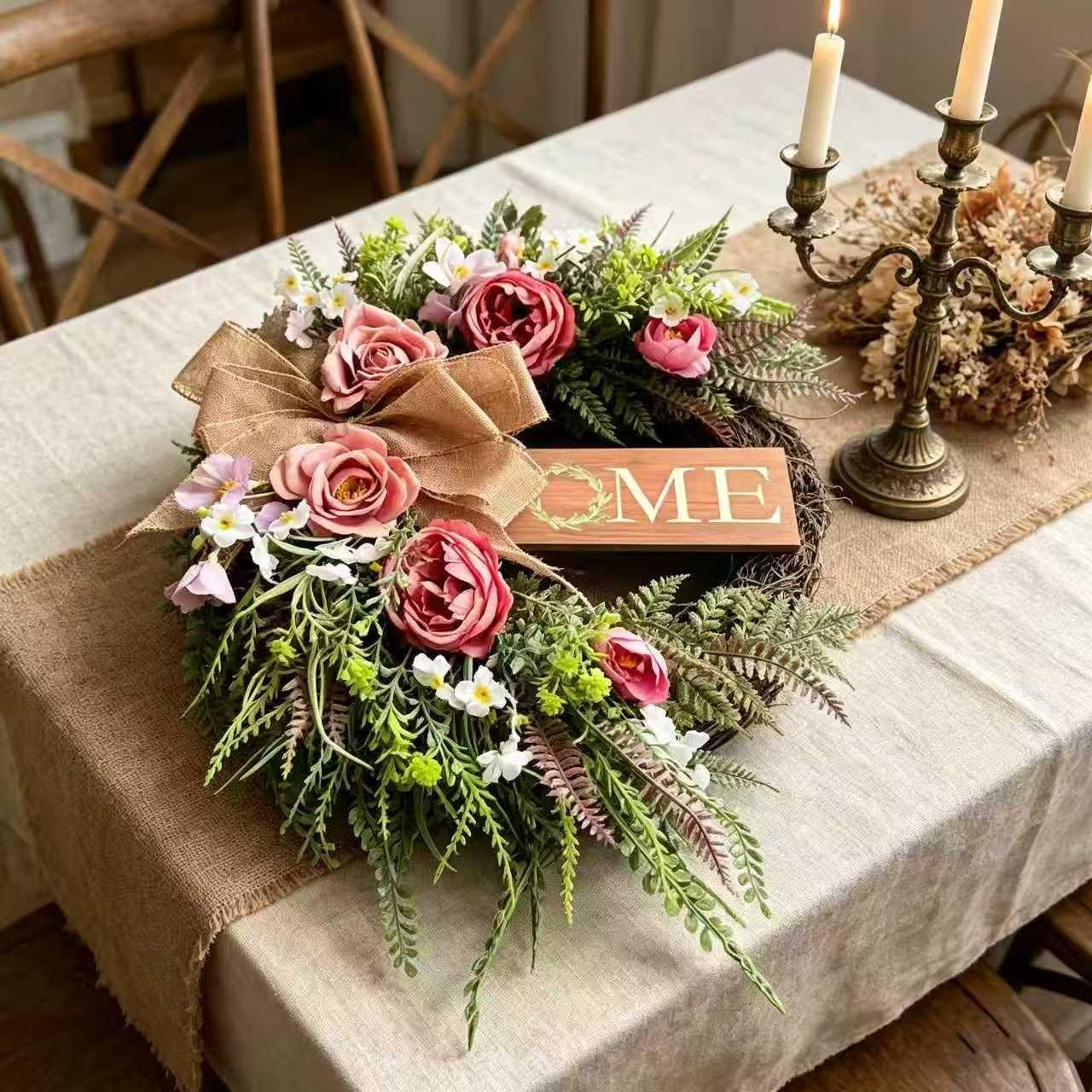 Neutral Color Farmhouse Style Wreath with Peony Flowers, Home Signboard, Hemp Cloth Bow, All-Season Decor for Porch, Living Room, Entryway