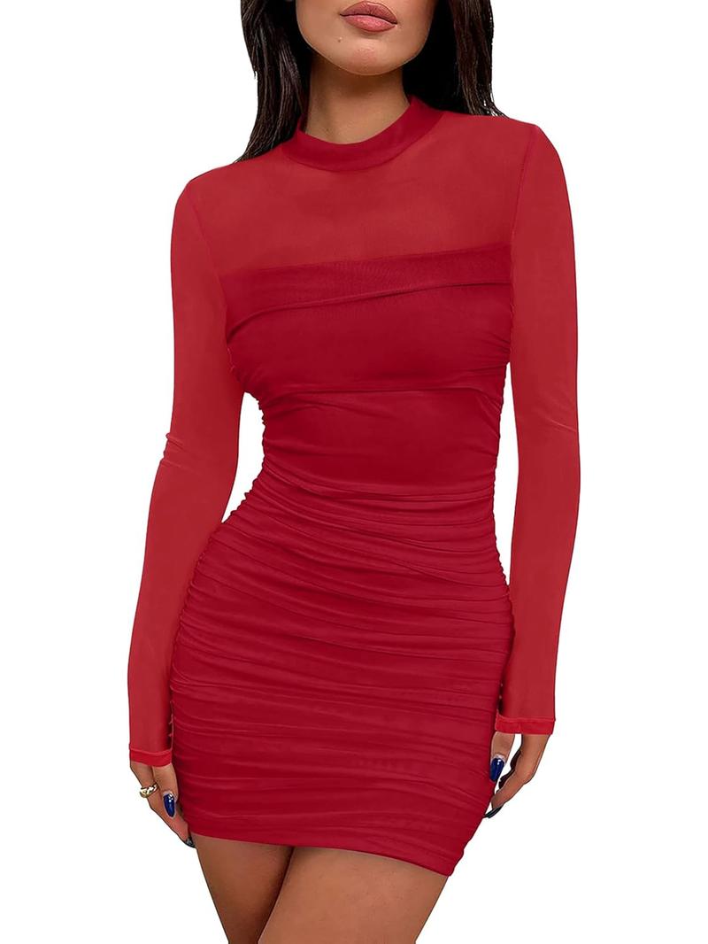 Women's glitter mesh semi-transparent long-sleeved pleated mini dress, sexy and slimming style, high neck design, suitable for cocktail parties or club gatherings