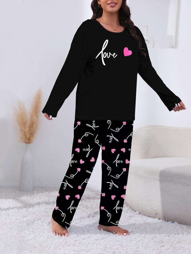 Plus Size Two-Piece Set Heart Print Tee & All Over Print Elastic Waist Pants Pyjama Set, Casual Soft Comfortable Long Sleeve Round Neck T-shirt & Trousers Loungewear Set, Women's Sleepwear for Spring & Fall