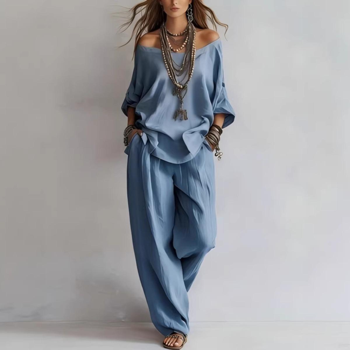 Women's Summer Solid 3/4 Sleeve Tops & Wide Leg Pants Set, Casual Loose Simple Fashion Outfit, Daily Holiday Travel Two Piece Set Women's Summer Solid 3/4 Sleeve Tops & Wide Leg Pants Set, Casual Loose Simple Fashion Outfit, Daily Holiday Travel Two Piece Set