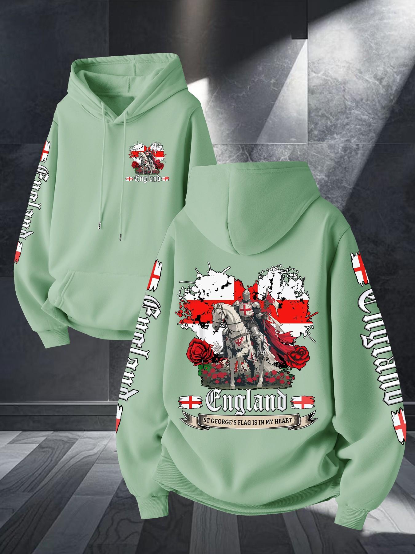 Middle Ages Long Spear Knight England Flag Print Hoodie, Unisex Casual Long Sleeve, Kangaroo Pocket, Fall & Winter Streetwear