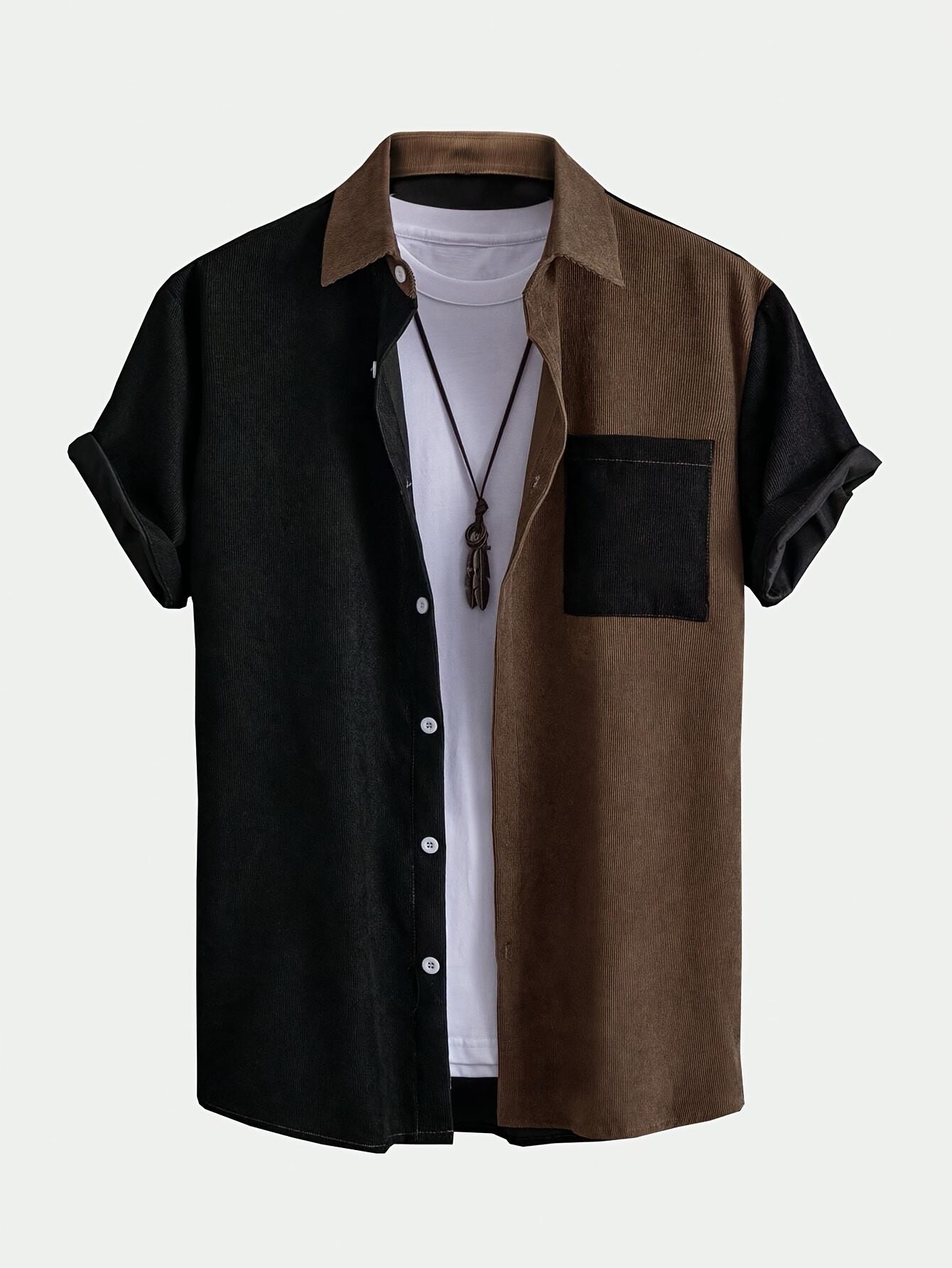 Men'S New Summer Short-Sleeve Corduroy Patchwork Shirt