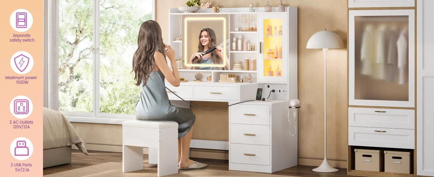 Makeup Vanity Desk with Sliding LED Lighted Mirror White